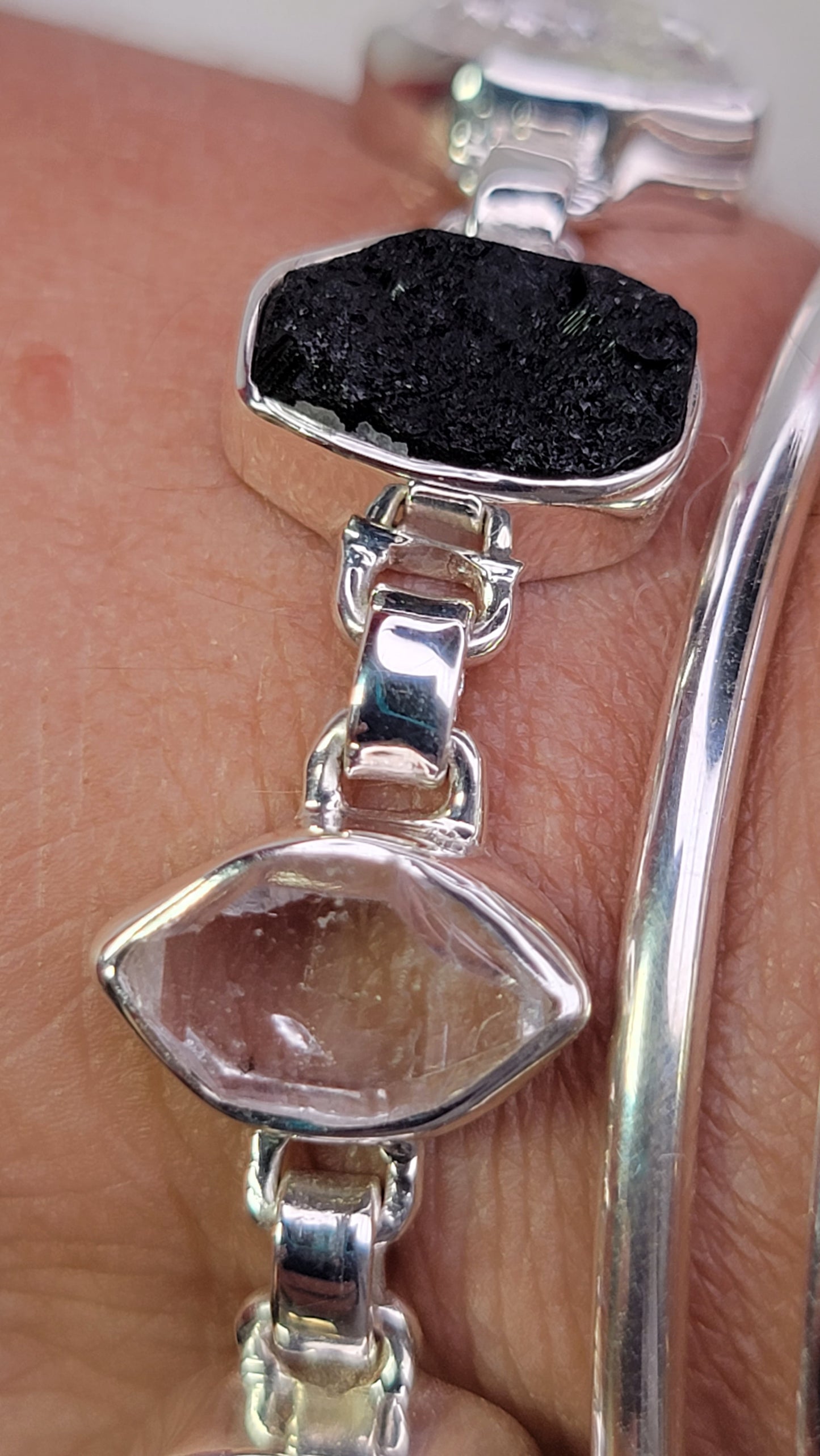 Herkimer Quartz Diamond and Black Tourmaline Sterling Silver Bracelet