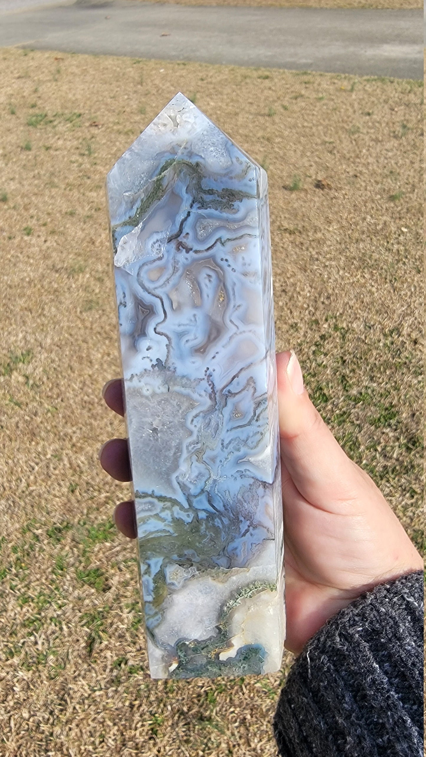 Moss Agate with Blue Chalcedony and Calcite.
