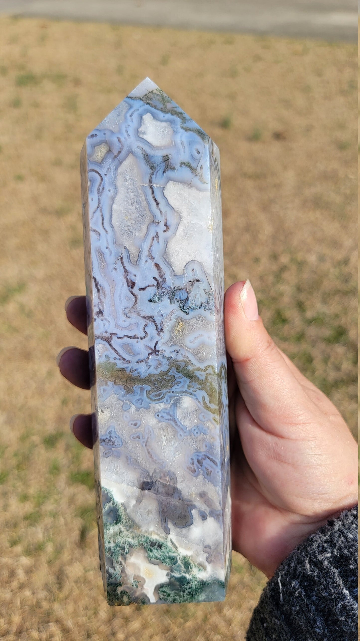 Moss Agate with Blue Chalcedony and Calcite.